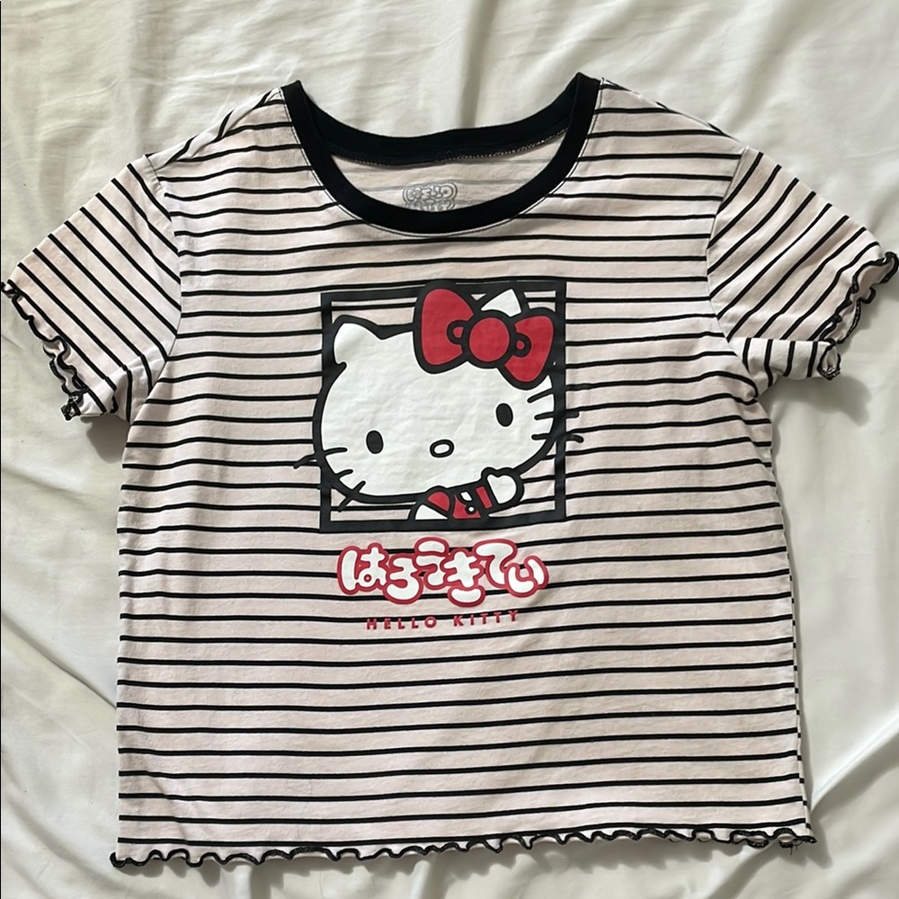 Hello Kitty Black and White Striped Short Sleeve Tee